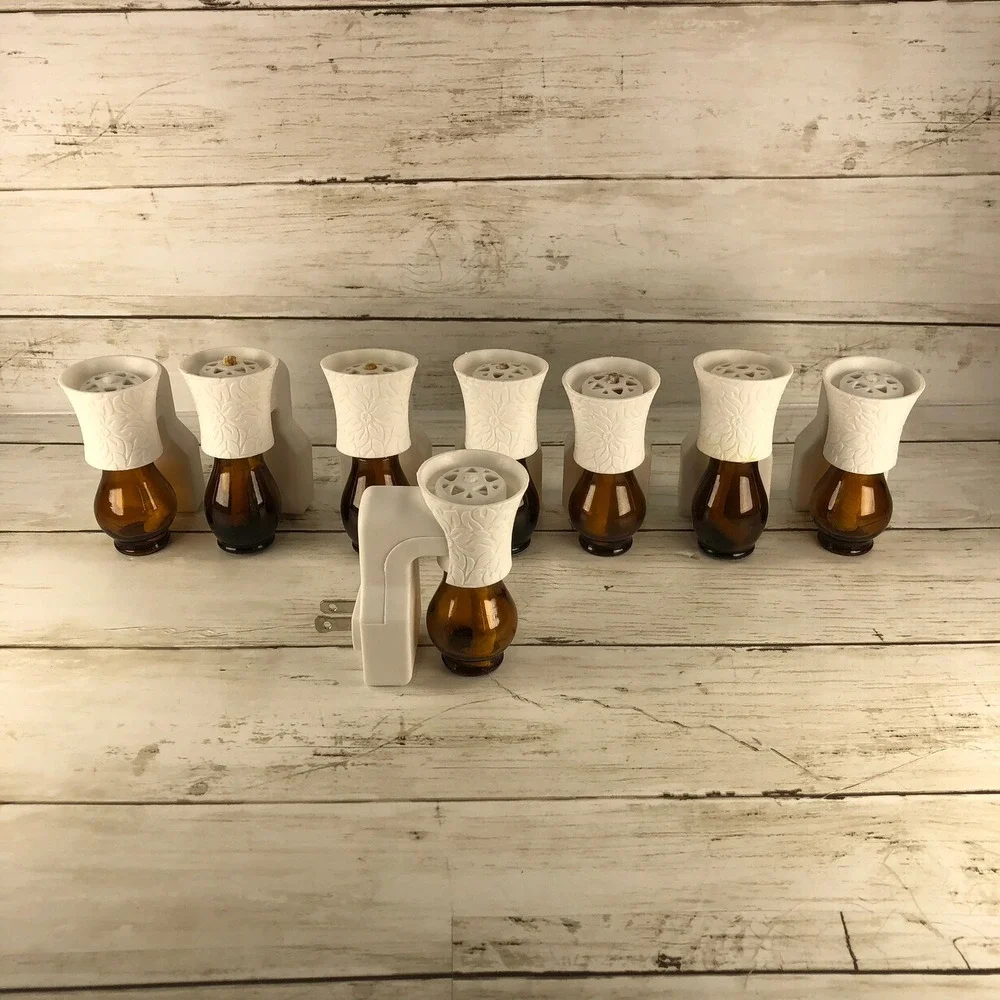 8 Scentsy Wall Plug-In Fragrance Warmers White Floral Embossed Amber Glass Set